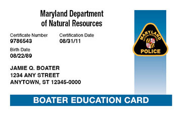 Maryland Boating safety education card