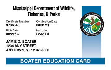 Mississippi Boating safety education card