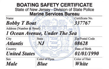 New Jersey Boating safety education card