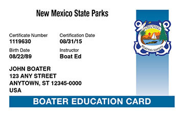 New Mexico Boating safety education card