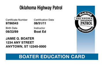 Oklahoma Boating safety education card