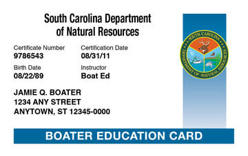 South Carolina Boating safety education card