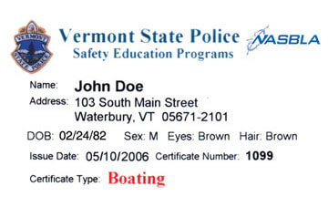 Vermont Boating safety education card